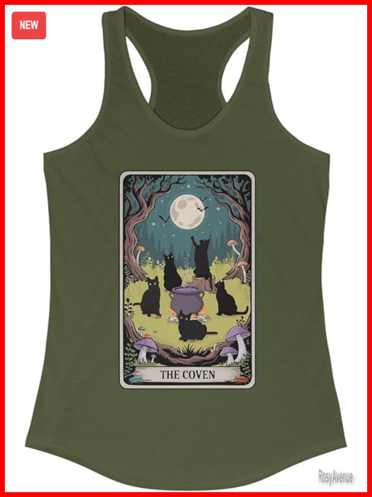 Womens Racerback Tank Top Halloween Cat Coven Goth Sleeveless Shirt Spooky
